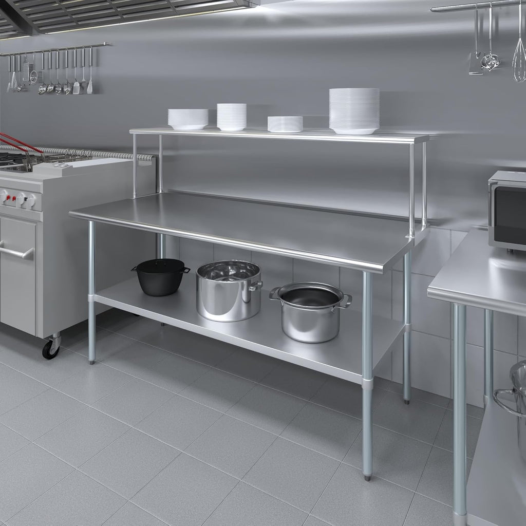 Stainless Steel Work Table with Wide Single Tier Overshelf | Metal Kitchen Prep Table & Shelving Combo (30" x 72" Work Table + 12" Overshelf)