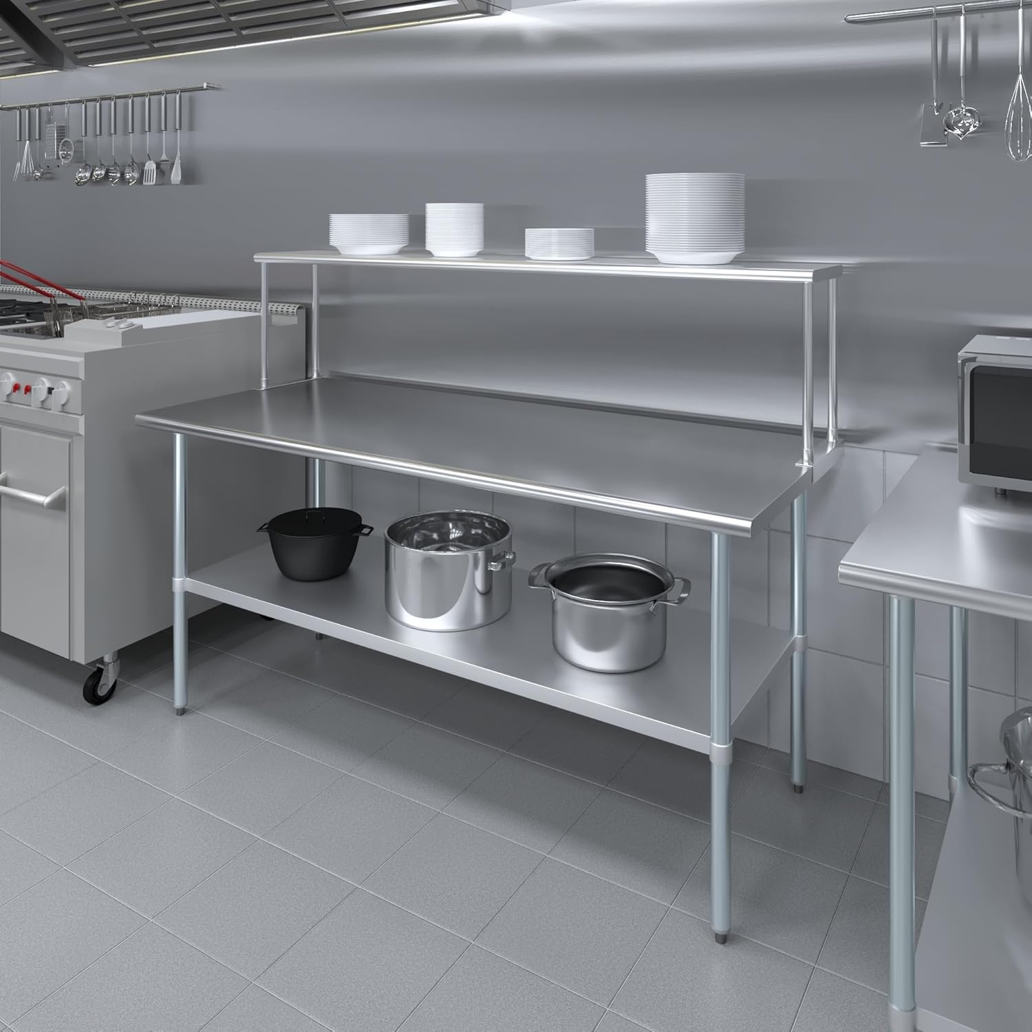 Stainless Steel Work Table with Wide Single Tier Overshelf | Metal Kitchen Prep Table & Shelving Combo (30" x 72" Work Table + 12" Overshelf)
