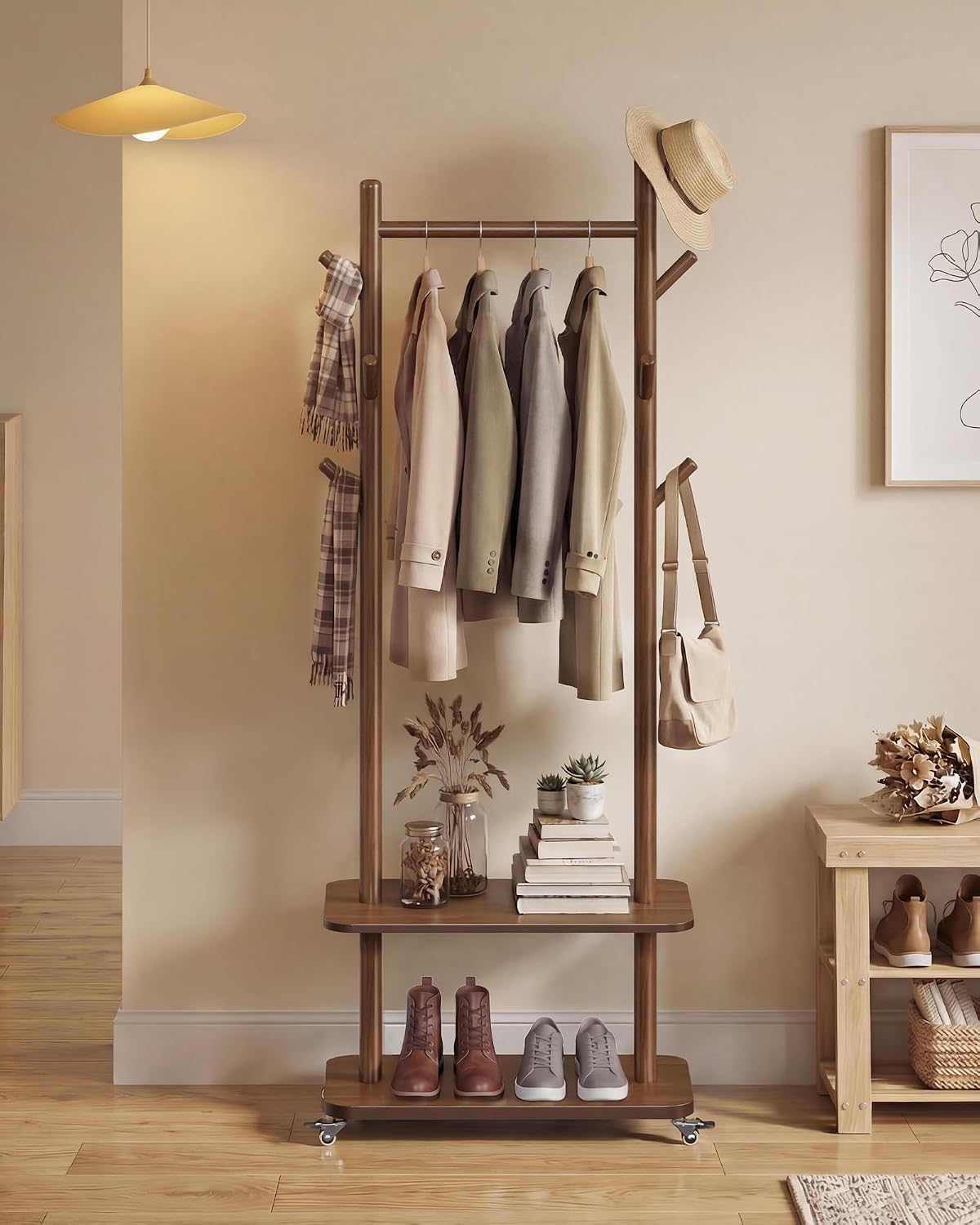 VASAGLE Freestanding Coat Rack Stand with 7 Hooks, 2 Shelves, 4 Removable 360° Swivel Wheels, Wooden Hooks and Pole, for Entryway, Bedroom, Living Room, Walnut Brown URCR053KJ01