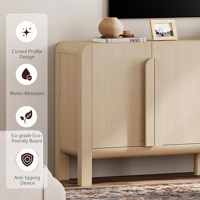 WAMPAT Modern TV Stand for TVs Up to 75 inches, 63" W Farmhouse Entertainment Center with Adjustable Shelf and 4 Doors, Media Console Table TV Cabinet for Living Room, Light Oak