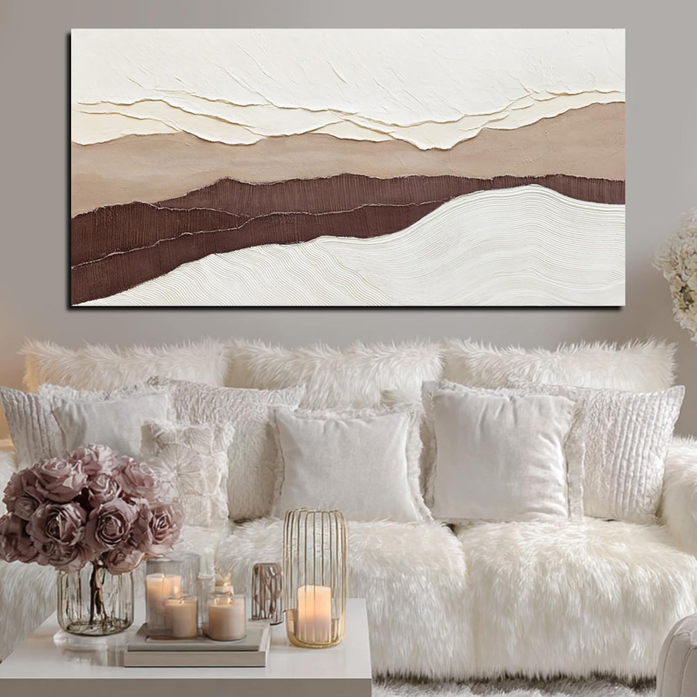 LEVERUP Beige and Brown Abstract Canvas Textured Wave Wall Art 29x58 inch Lar...