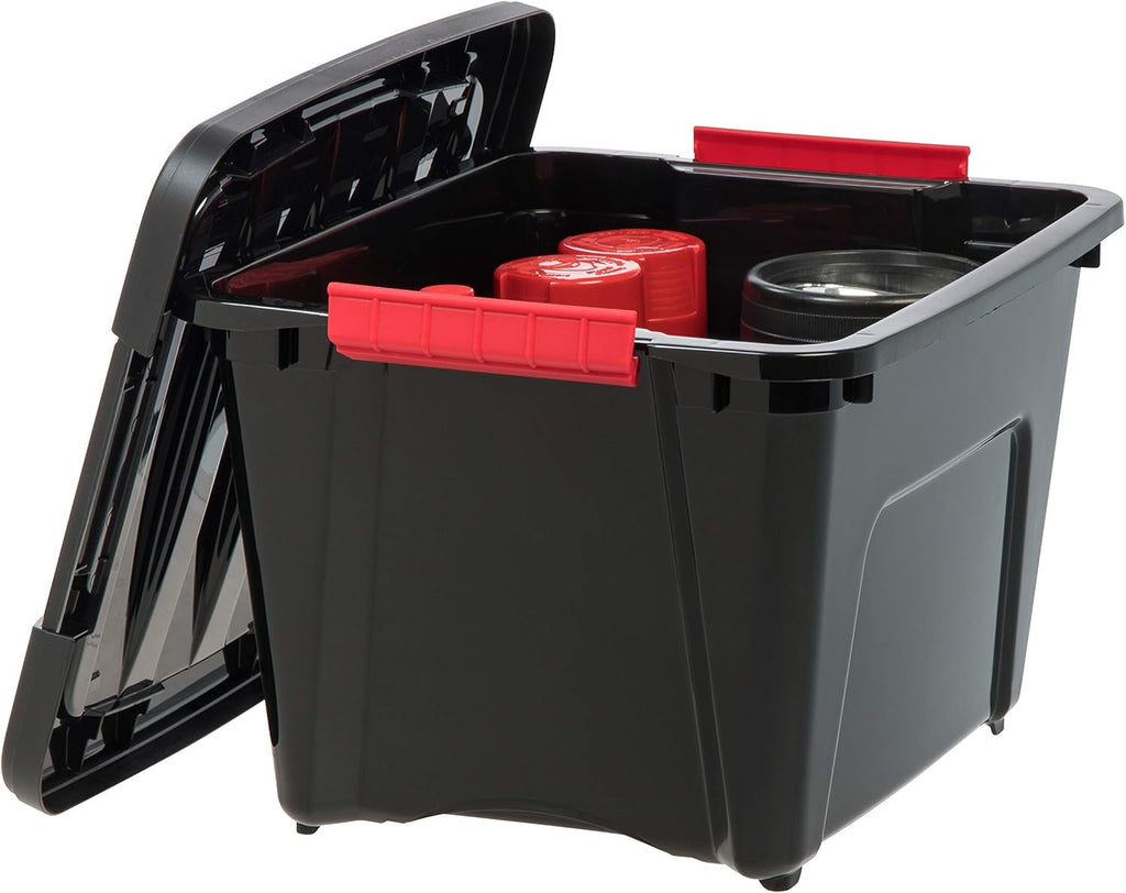 IRIS USA 19 QT Plastic Storage Box with Lid and Latches - 6 Pack - BPA-Free, Garage Organizing Solution, Durable Nestable Stackable Containers, Secure Pull Handle - Black