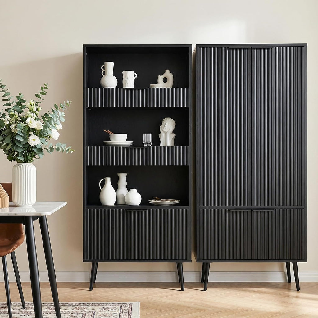 Pantry Cabinet with 4 Doors, 51.2" H Freestanding Bathroom Storage Cabinet, Adjustable Shelf & Raised Legs for Bathroom, Kitchen, Living Room, Black