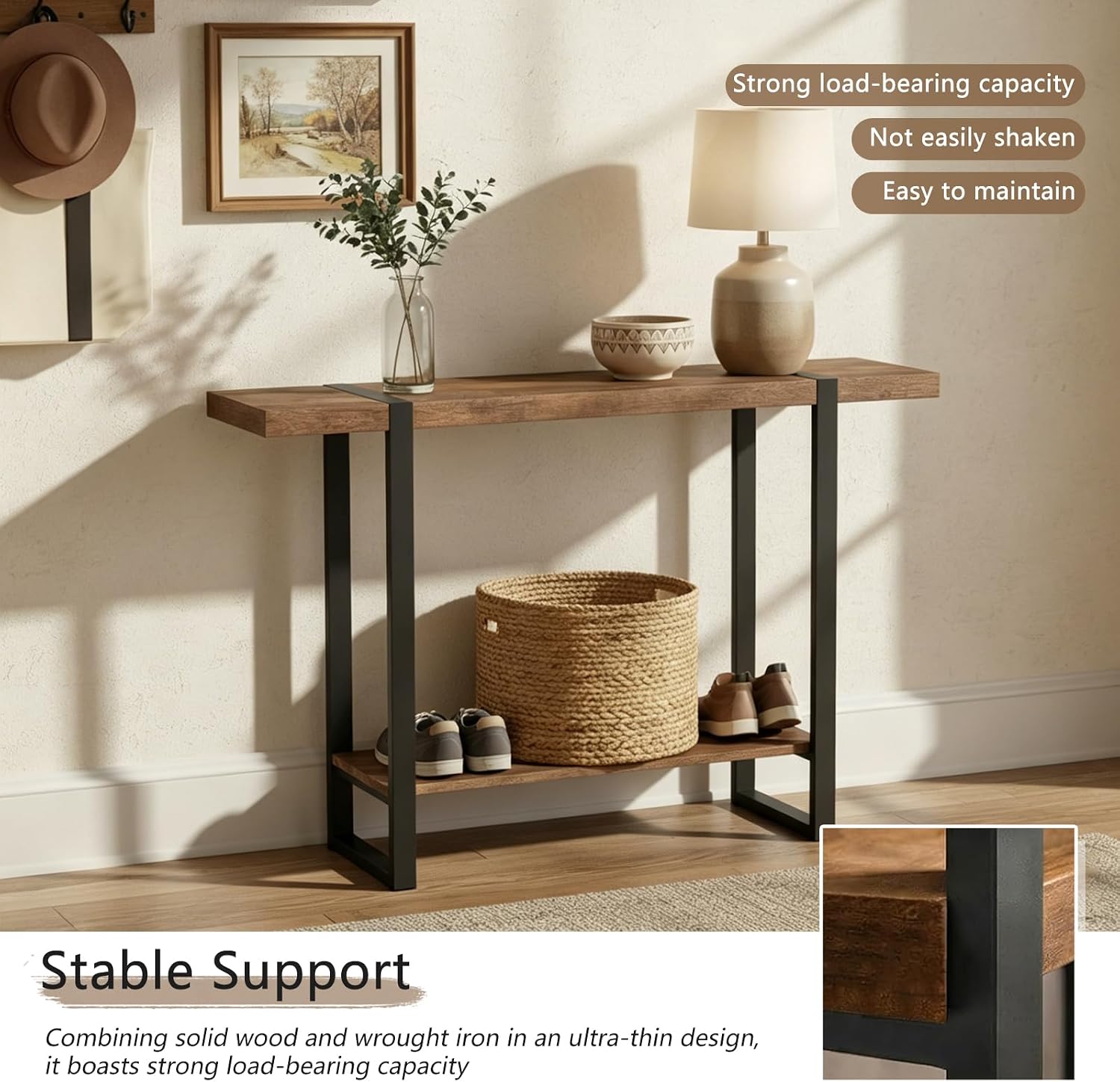 Narrow Console Table, 1.8" Thick Solid Wood Entryway Table for Small Spaces, Heavy Duty 2-Tier Sofa Table, Industrial Metal Frame Hallway, Accent Table for Entrance, Living Room