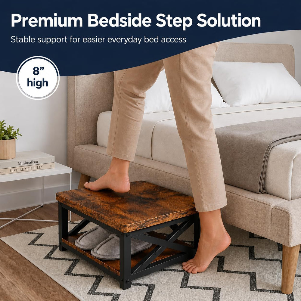 Wooden Step Stool for Bed, 8 Inch Bedside Stool with Storage, Rustic Brown