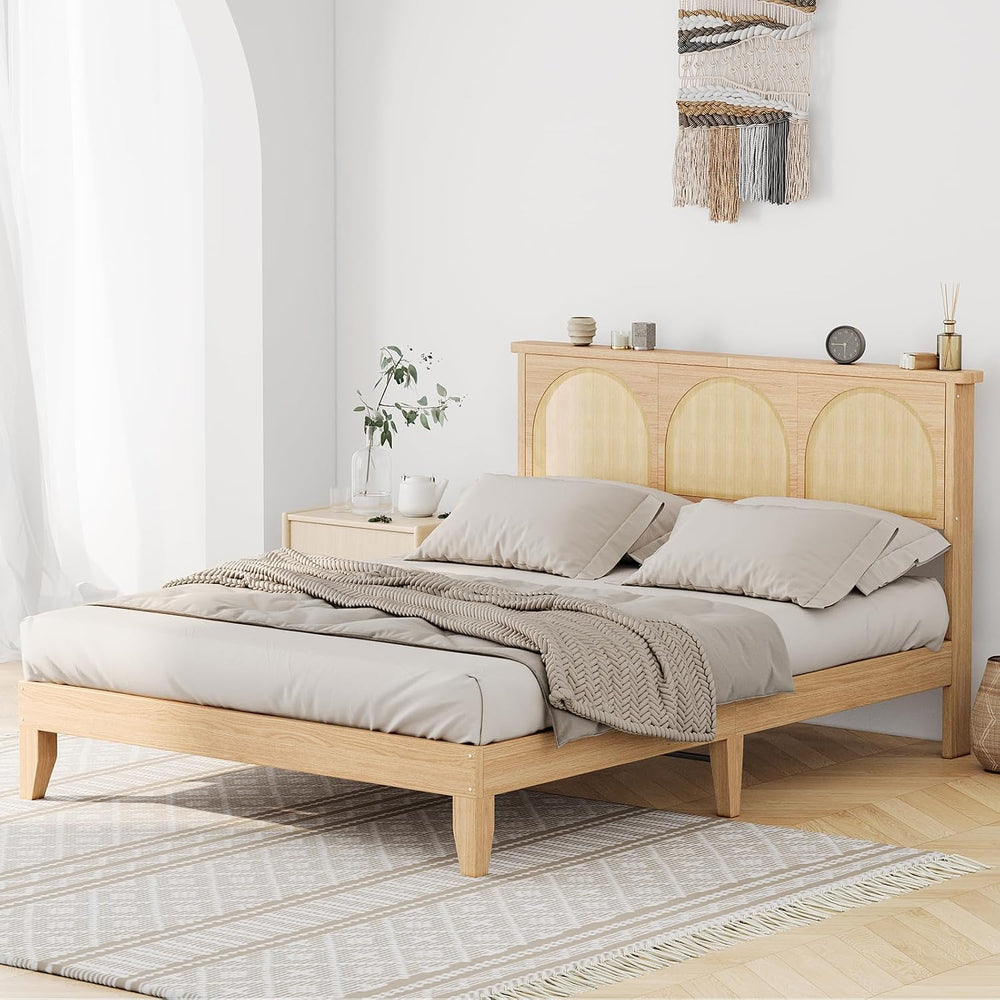 Queen Size Curved Rattan Headboard Platform Bed, Deluxe Bed with Built-in RGB...