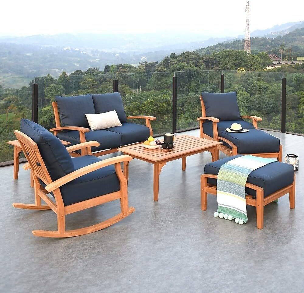 Teak Patio Ottoman with Cushion Blue Farmhouse Wood Finish Removable Cushions