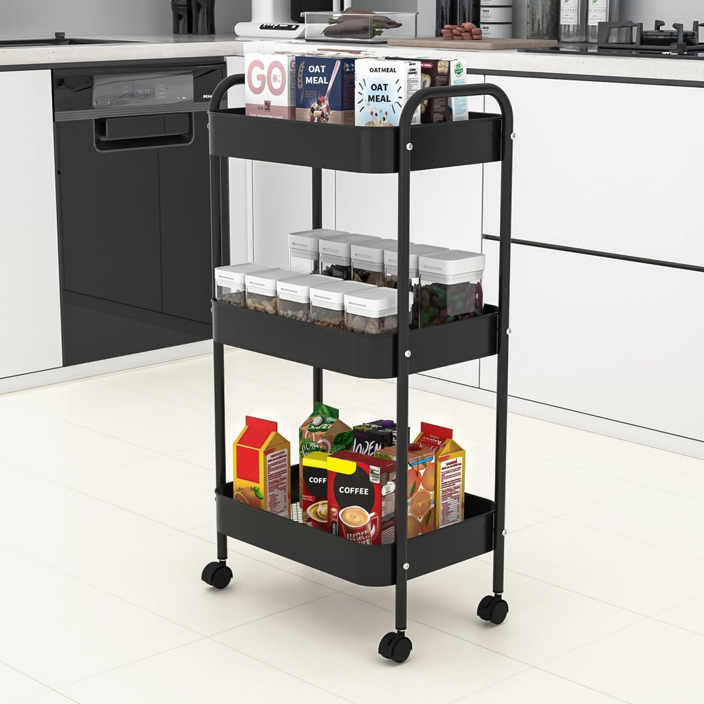 3-Tier Metal Utility Rolling Cart, Multi-Functional Storage Trolley for Office, Living Room, Kitchen, Movable Storage Organizer with Wheels, Black