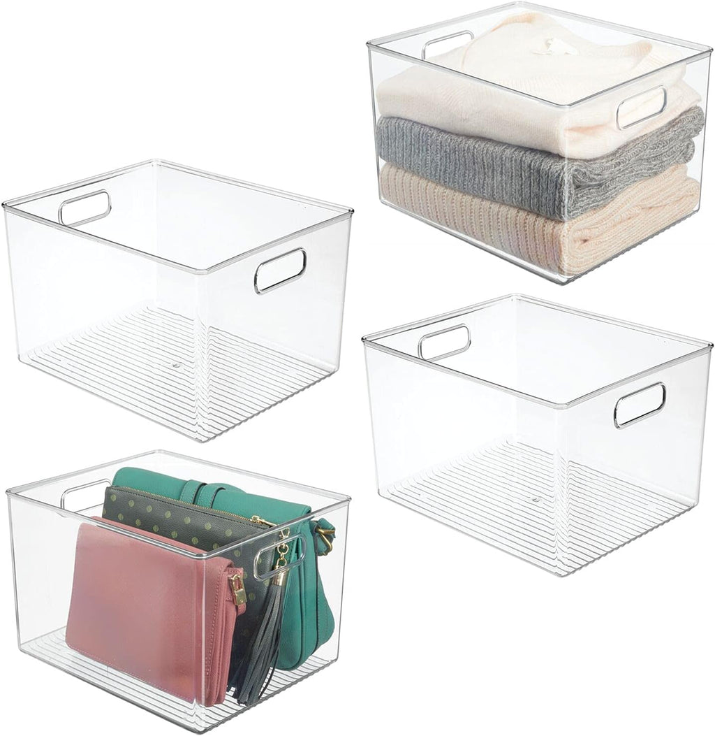 mDesign Plastic Storage Organizer Container Bin, Closet Organization for Hallway, Bedroom, Linen, Coat, and Entryway - Holds Clothing, Blankets, and Accessories, Ligne Collection, 4 Pack, Clear