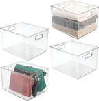 mDesign Plastic Storage Organizer Container Bin, Closet Organization for Hallway, Bedroom, Linen, Coat, and Entryway - Holds Clothing, Blankets, and Accessories, Ligne Collection, 4 Pack, Clear