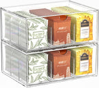 2 Pack Clear Tea Bag Organizer, Stackable Drawer Organizer with Dividers for Pantry Bathroom Vanity Kitchen - Cabinet Countertop Shelf Plastic Storage Bins for Coffee/Makeup/Cosmetic/Crafts/Underwear