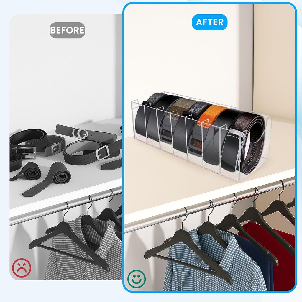 Belt Organizer, Acrylic Belt Storage Holder for The Closet 7 Compartments Display Case for Tie and Bow Tie