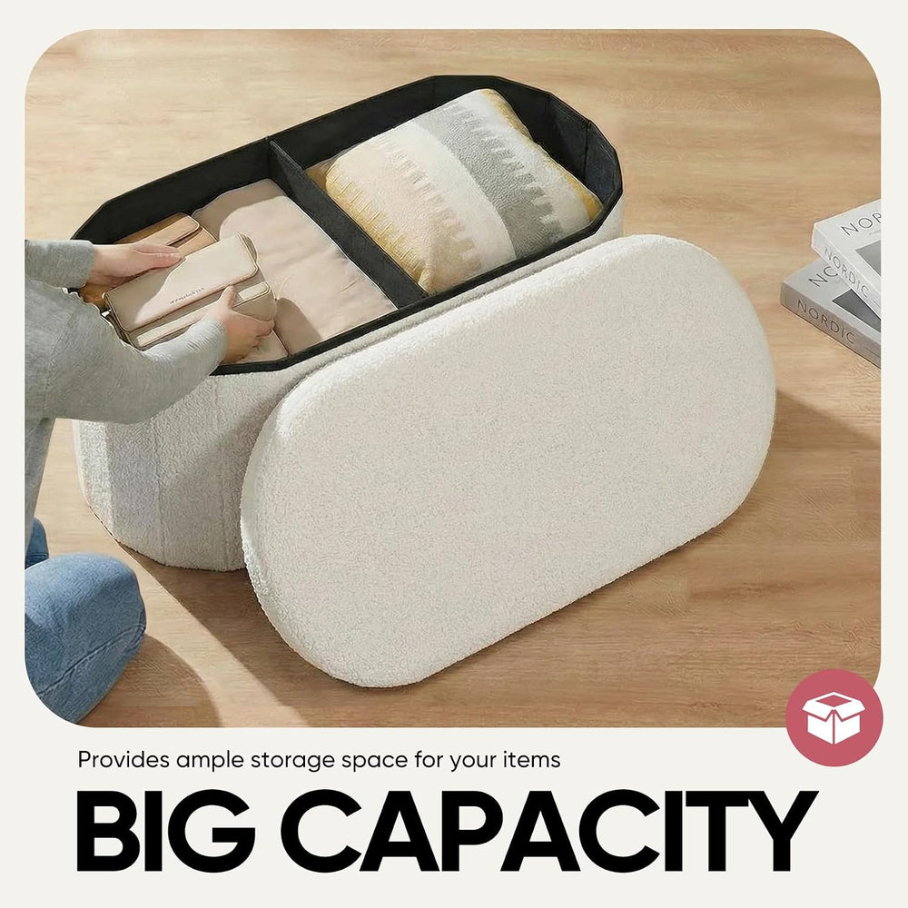 30 Inches Oval Ottoman with Storage, Boucle Sherpa Storage Ottoman Bench, Fol...