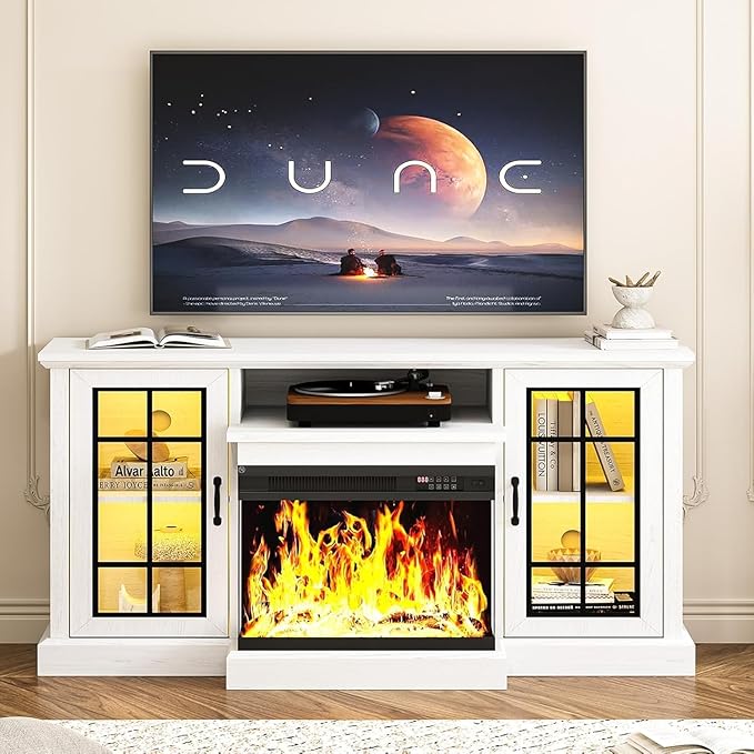MXV 59'' Fireplace TV Stand, Farmhouse Entertainment Center with 3 Sided Glass TV Stand, Modern Media Console Table with Storage Drawers & Cabinets with LED Flame and Lights for Living Room, White