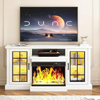 MXV 59'' Fireplace TV Stand, Farmhouse Entertainment Center with 3 Sided Glass TV Stand, Modern Media Console Table with Storage Drawers & Cabinets with LED Flame and Lights for Living Room, White