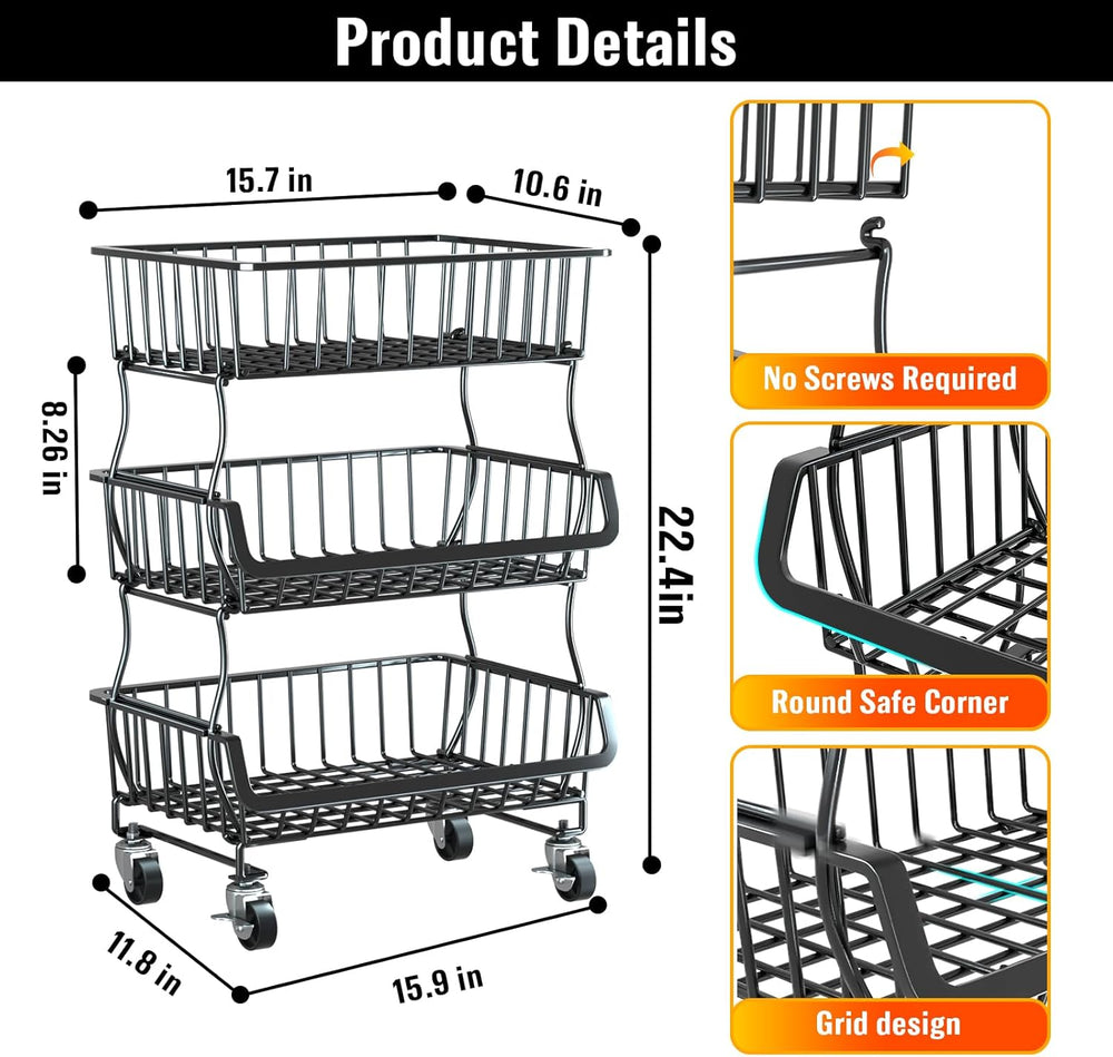 Gsiekare 3-Tier Rolling Pantry Organizer and Storage Cart with Wheels – Stack...