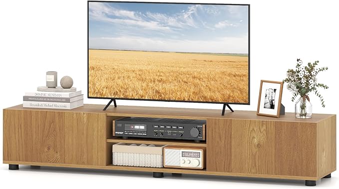 Tangkula Modern TV Stand for up to 70” TVs, 63”L Minimalist Entertainment Center w/ 2 Doors & Open Shelves, Media Console Table Storage Cabinet with 6 Support Feet for Living Room (Natural, 63”L)