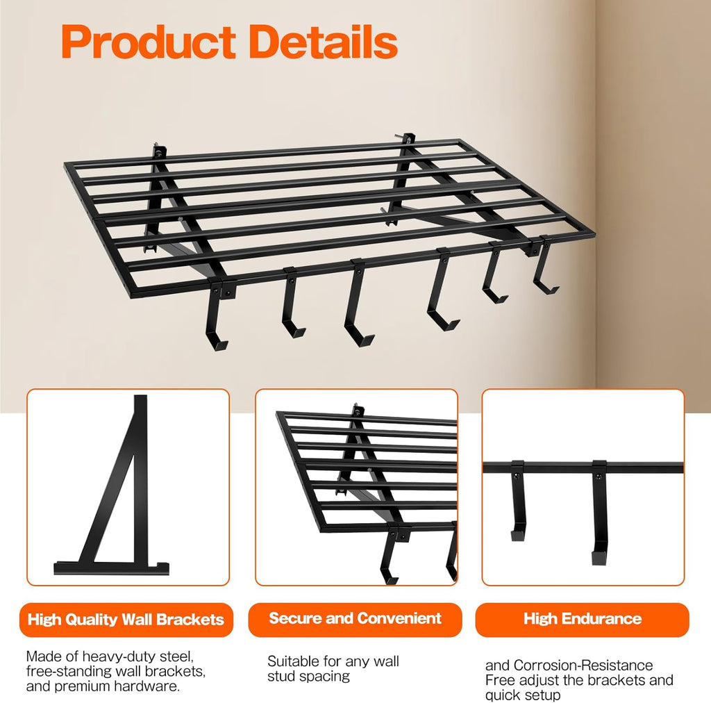 Garage Wall Shelving, 2X4ft Garage Storage Rack,Heavy Duty Wall Mounted Storage Shelf With 12 pc Hooks-Each Loads 260lbs Metal Wall Shelf,Black,2Pack