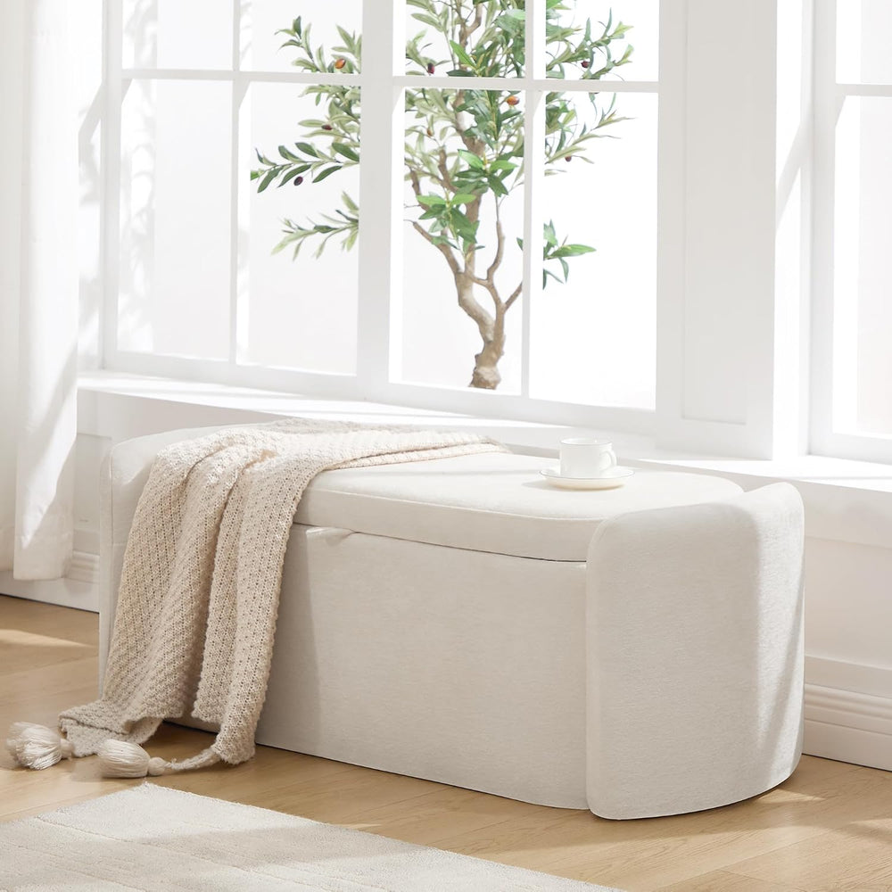 Oval Storage Ottoman Bench, 45" Upholstered Chenille End of Bed Bench Ot...
