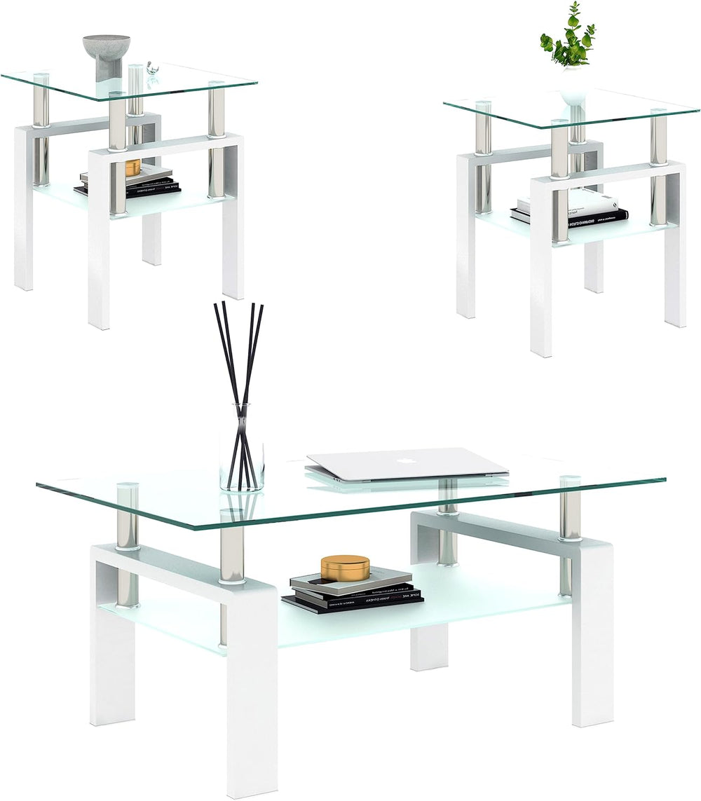 Living Room Tables Set,3 Piece Glass Coffee Table and End Tables Set for Livi...