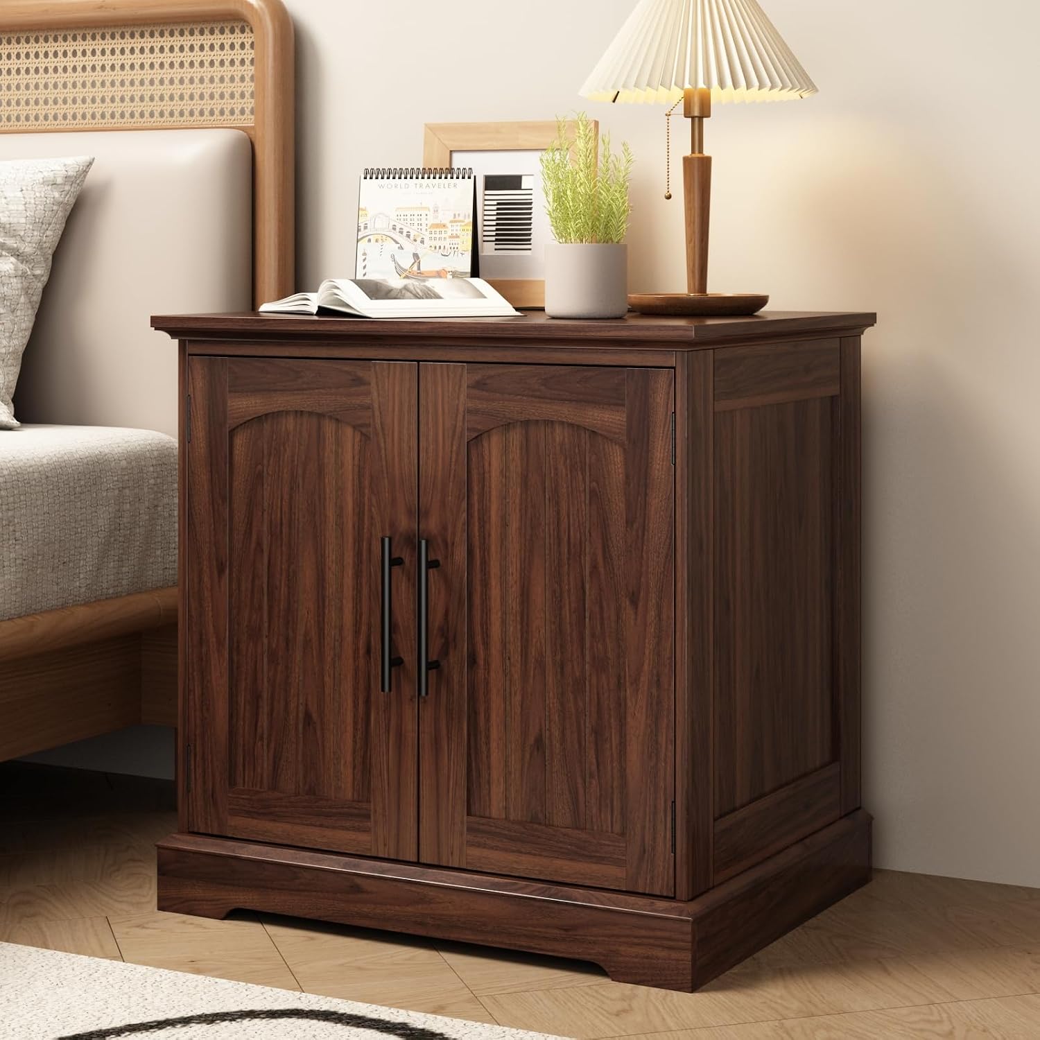HOKYHOKY Rattan End Table with Charging Station, 24" Large Sofa Side Tabl | 2 Arched Doors, Boho Wood Square Nightstand, Bedside Tables with Adjustable Storage Shelf, Living Room, Bedroom
