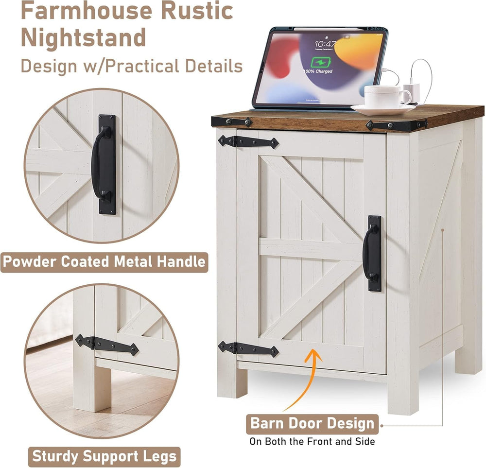 OKD Farmhouse Nightstand Set of 2 with Charging Station, 18 Inch Rustic End T...