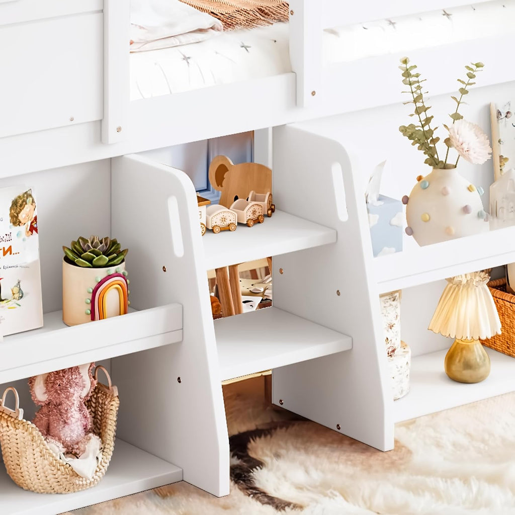 Loft Bed with Storage Shelves and Stairs，Antique White-P：Twin | House Loft Bed with Playhouse Shape Roof and Window
