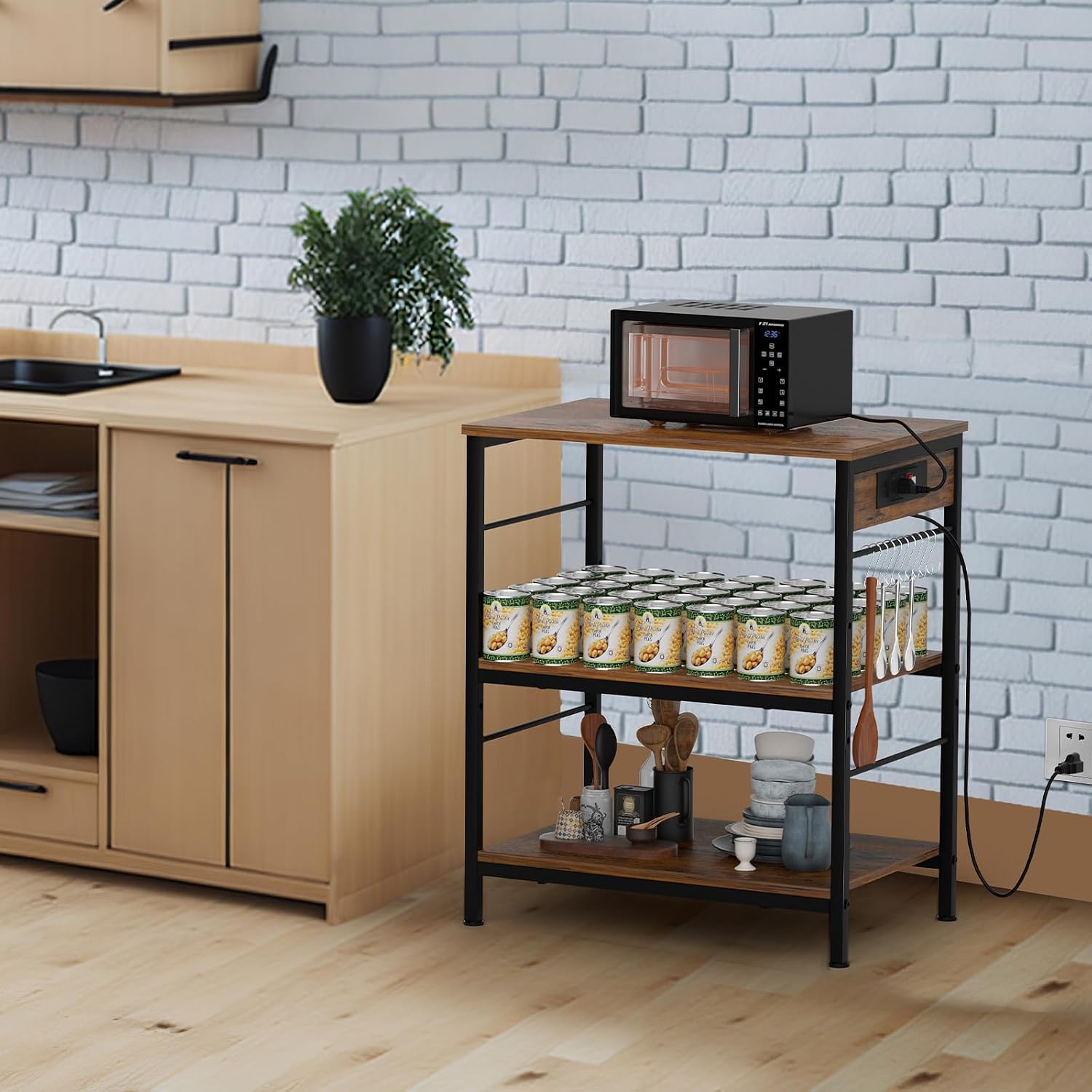 Bakers Rack with Power Outlet Kitchen Microwave Stand Cart 3 Tier Coffee Bar Table Kitchen Storage Shelf Rack with 10 S-Shaped Hooks for Living Room Dining Room Office Brown