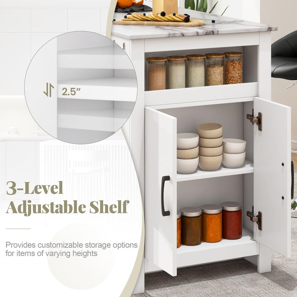 COSTWAY Bar Table, Modern Faux Marble Breakfast Table with 7 Hanging Hooks, Open Compartment, Storage Cabinet & Adjustable Shelf, Counter Height Dining Table for Kitchen, Dining Room, Living Room | 7 Hanging Hooks, Open Compartment, Storage Cabinet &