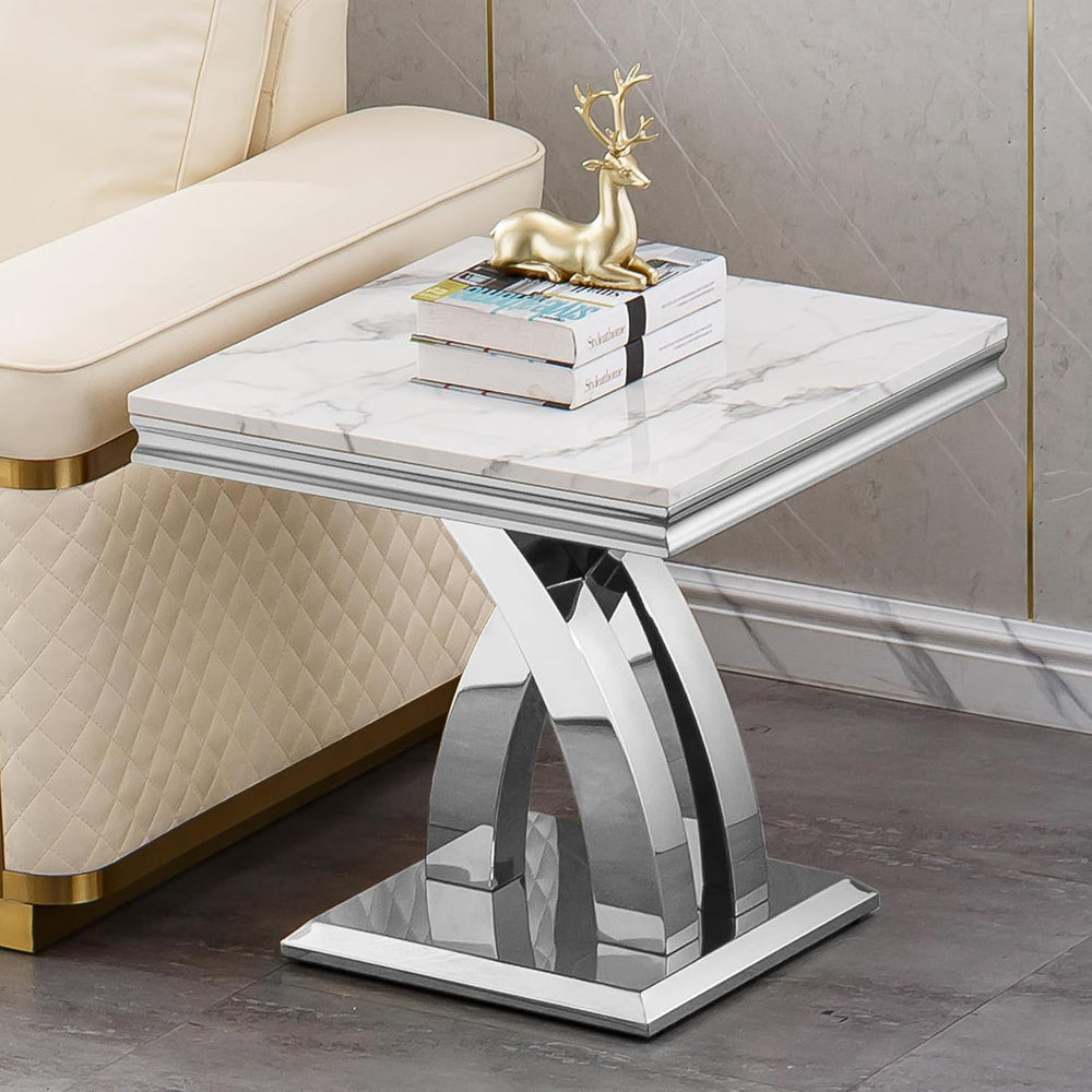Modern Marble End Table Luxury White Faux Marble Sofa Side Table with Silver ...