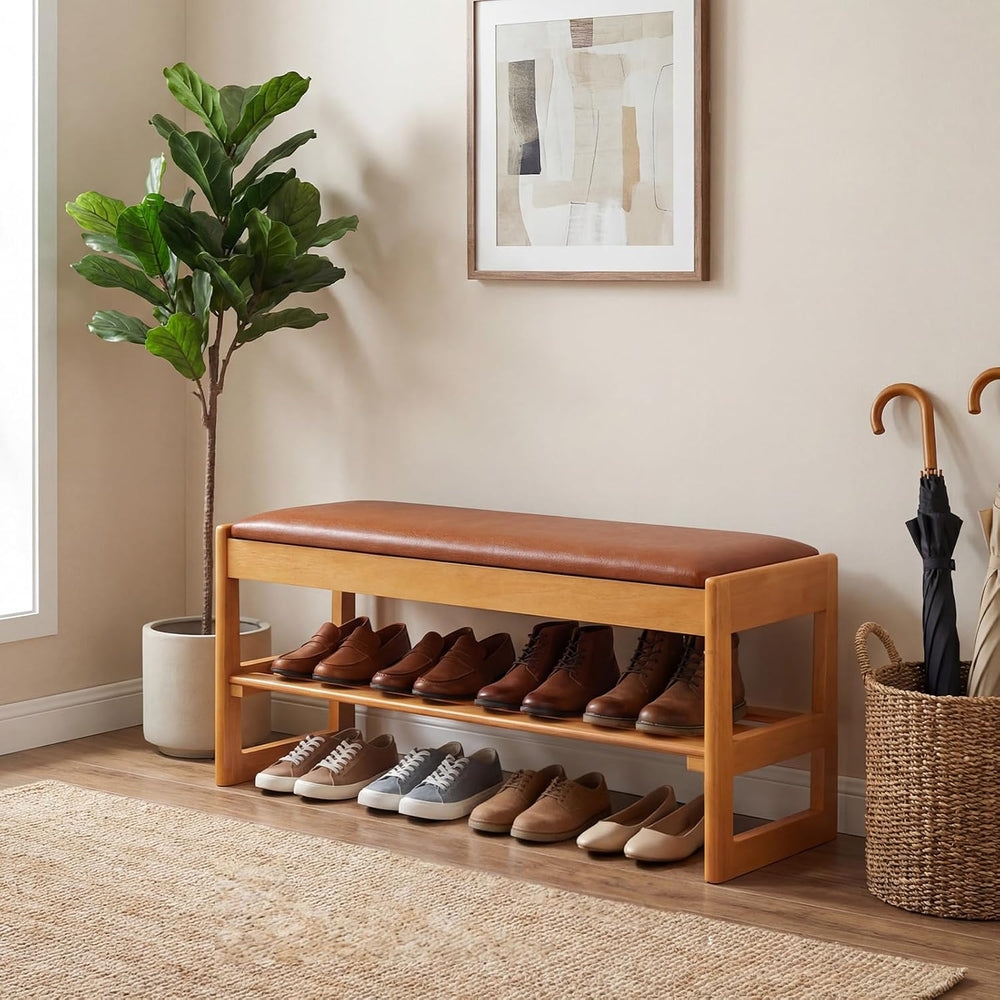 Giantex Shoe Rack Bench with Storage, Rubberwood Entryway Bench with Faux Lea...