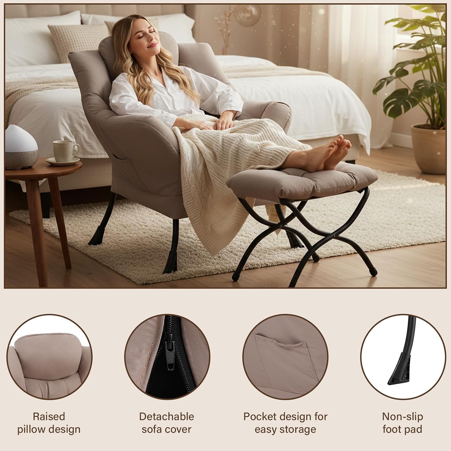 Welnow Lazy Chair with Ottoman, Reading Chair with Footrest，Khaki | A Side Pocket,Armrests,Foldable Footrest,Thick Cushioned Seat & Backrest, Lounge Chair for Bedroom,Living Room & Small Space