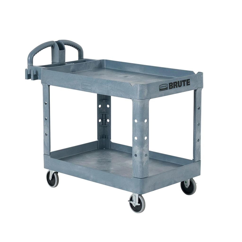 Rubbermaid Commercial Products BRUTE Heavy Duty 2-Shelf Utility/Service Cart, Large, Lipped Shelves, Ergonomic Handle, 750 lbs. Capacity, Black, for Warehouse/Garage/Cleaning/Maintenance/Stadiums