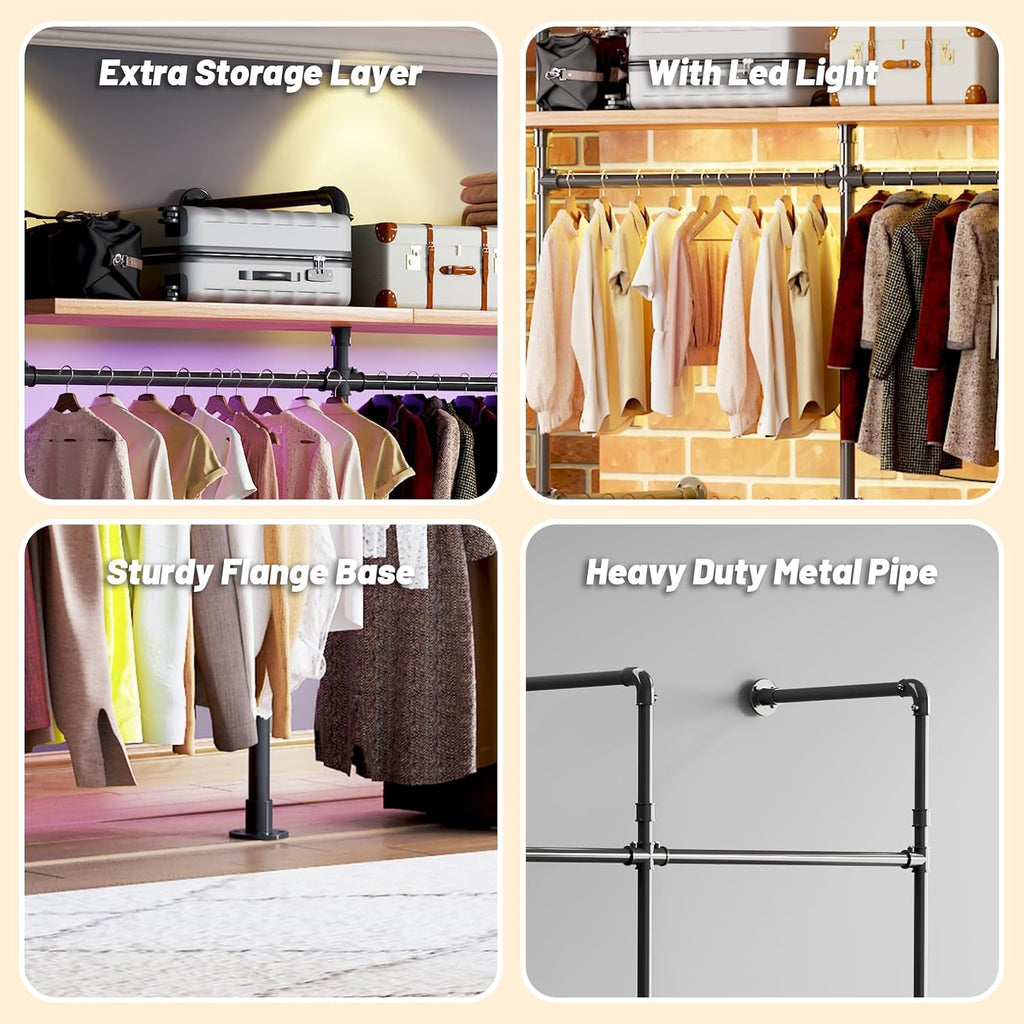 Industrial Pipe Clothing Rack, Reversible 118.3'' Clothes Rack for Hanging Clothes, Black Wall Clothing Rack Wall Mounted Rack for Walk-in Closet, Laundry Room or Retail Display (丨丨丨)