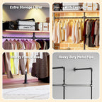 Industrial Pipe Clothing Rack, Reversible 79.7” Clothes Rack for Hanging Clothes with LED Lights, Black Wall Clothing Rack Wall Mounted Rack for Walk-in Closet, Laundry Room or Retail Display