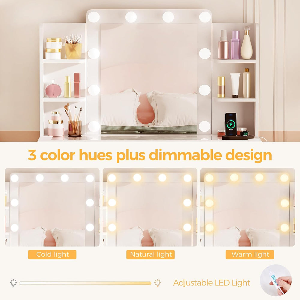 BEWISHOME Large Vanity Desk with Mirror and Lights,Glass Top,9 Drawers | Whit...