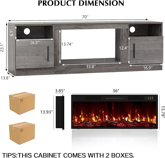 Lemberi Fireplace tv Stand with 36 inch Fireplace Up to 80" TVs,LED Light Entertainment Center and Storage, 70" Modern Wood Media TV Console with Highlight Cabinet for Living Room (Gray)