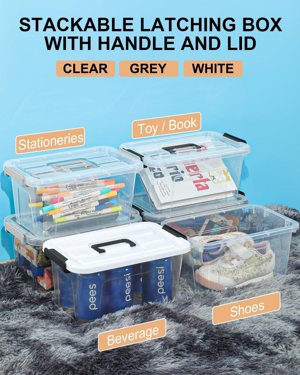 6 Pack Plastic Storage Bins with Lids 7 Quart Stackable Clear Storage Bins with Buckle Lids and Handle easy for Home Office Pantry Organization, Grey