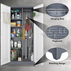 Broom Storage Cabinet, Metal Cabinet with Shelves and Hanging Rod, 72.8" Utility Cabinets with Locking Door, Tall Cleaning Storage for Kitchen, Pantry, Office, Shop, Garage