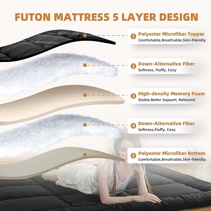 Japanese Floor Mattress,Futon Mattress 3" Black Thicken 100% High Densit...