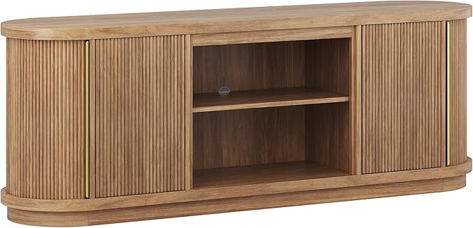 BELLEZE 67" Fluted TV Stand, Curved Entertainment Center with Sliding Tambour Doors, Media Console Table for TV up to 75" for Living Room (Camel)