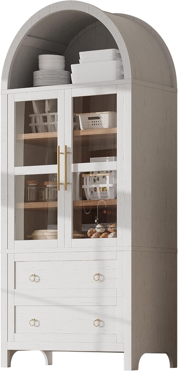 71" Tall Arched Kitchen Pantry Cabinet, Wooden Farmhouse Display Storage...