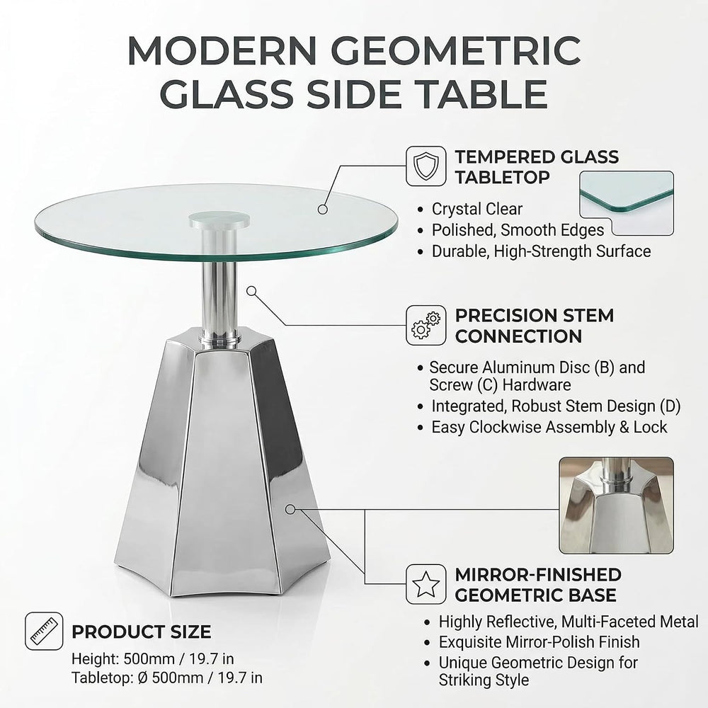 FT Global Round Glass Side Table, 19.7" Clear Tempered Glass Top with Ch...
