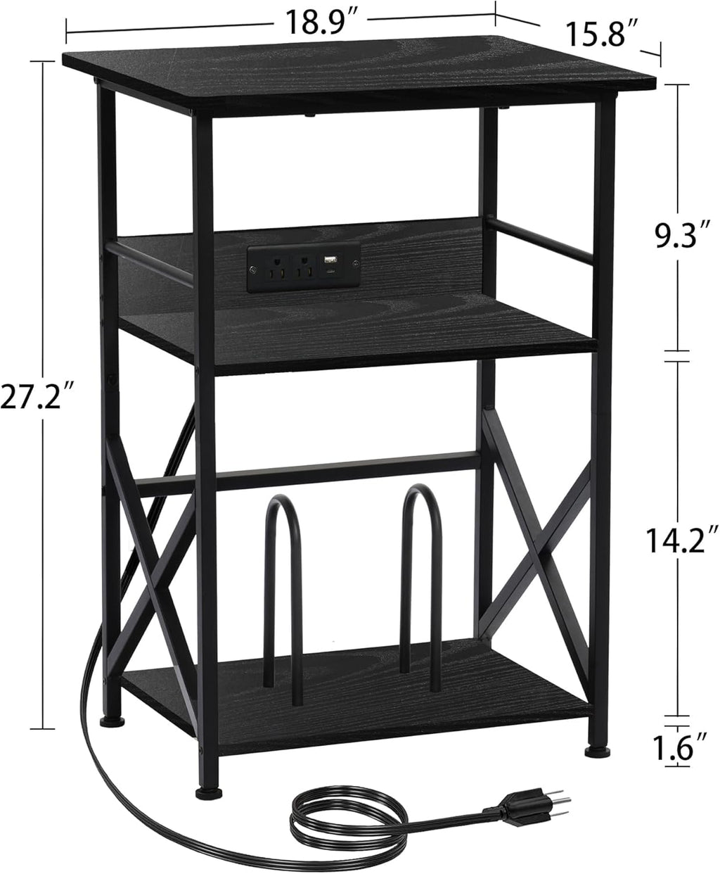 DALEMHOME Record Player Stand with Charging Station, 3-Tier Side Table for 100 Vinyl Storage, End Table for Living Room, Bedroom, Black HKET1002BK