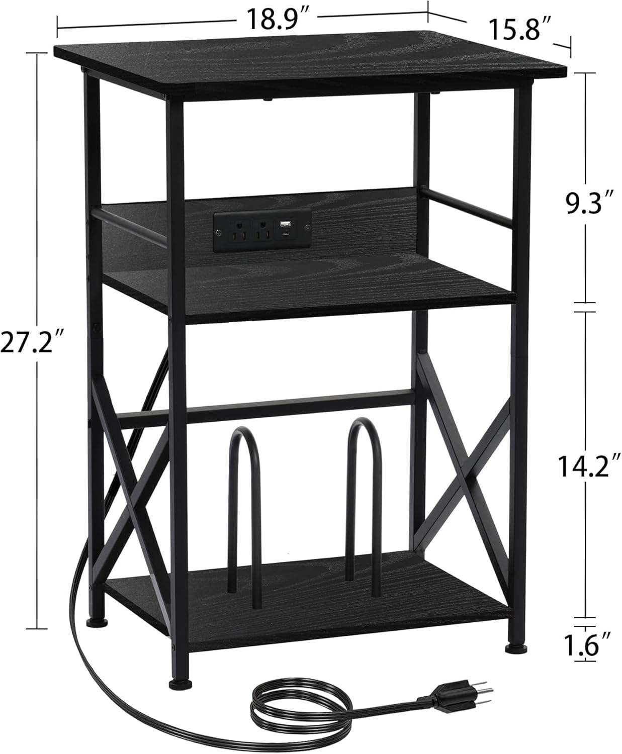 DALEMHOME Record Player Stand with Charging Station, 3-Tier Side Table for 100 Vinyl Storage, End Table for Living Room, Bedroom, Black HKET1002BK