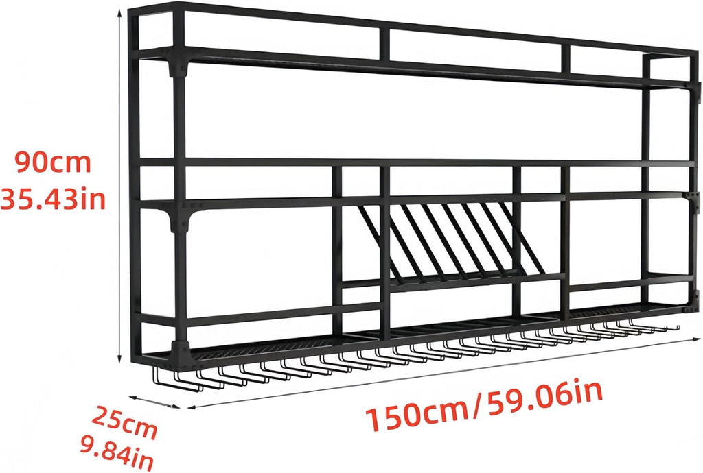 59Inch Metal Wall-Mounted Wine Rack with LED Light - 3 Tier Wine Storage Display Rack with Glass Holder - Space-Saving Bottle Display Shelf for Home Bars, Dining Rooms, Black