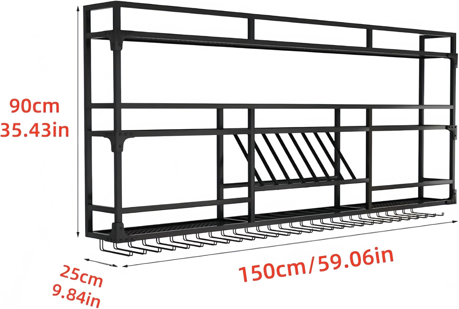 59Inch Metal Wall-Mounted Wine Rack with LED Light - 3 Tier Wine Storage Display Rack with Glass Holder - Space-Saving Bottle Display Shelf for Home Bars, Dining Rooms, Black