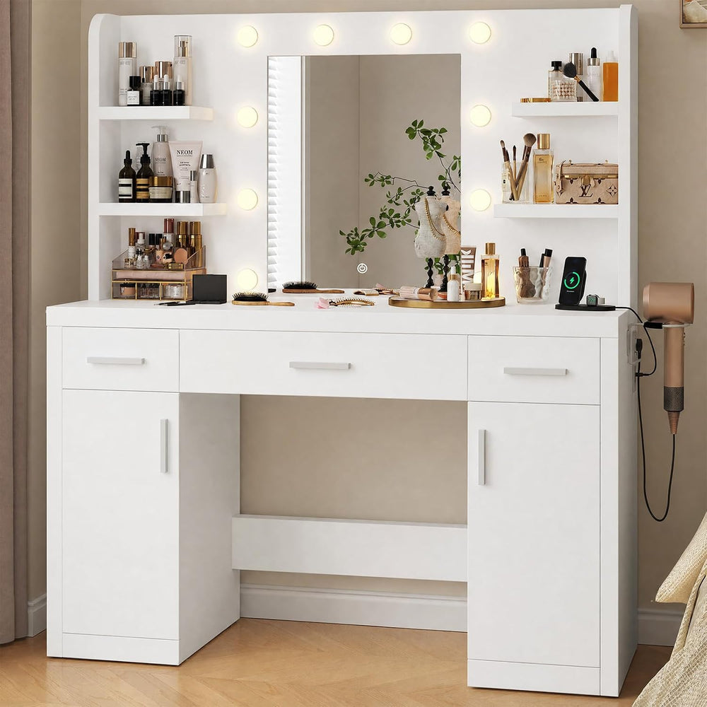 OLIXIS Vanity Desk with Mirror and LED Bulbs, Power Outlet Makeup Table with ...