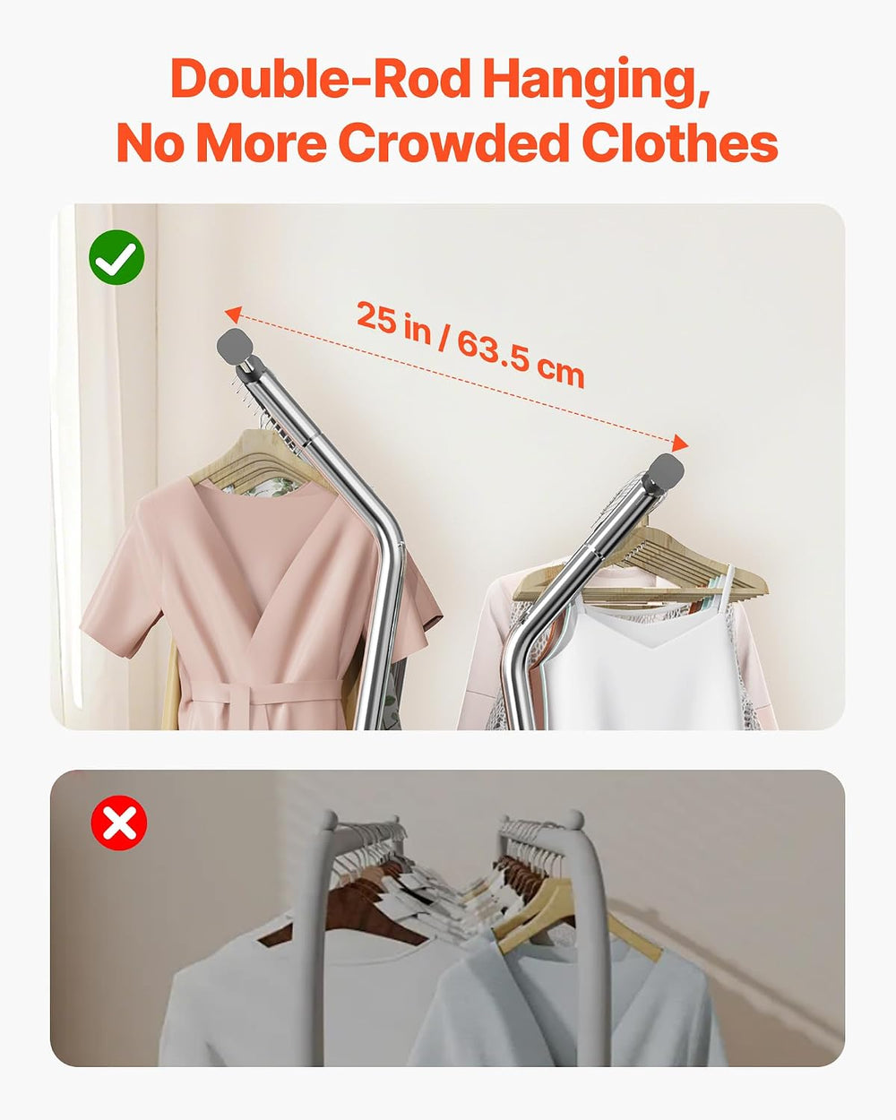 VEVOR Clothes Rack, Rolling Clothing Garment Rack, Extendable Carbon Steel Cl...