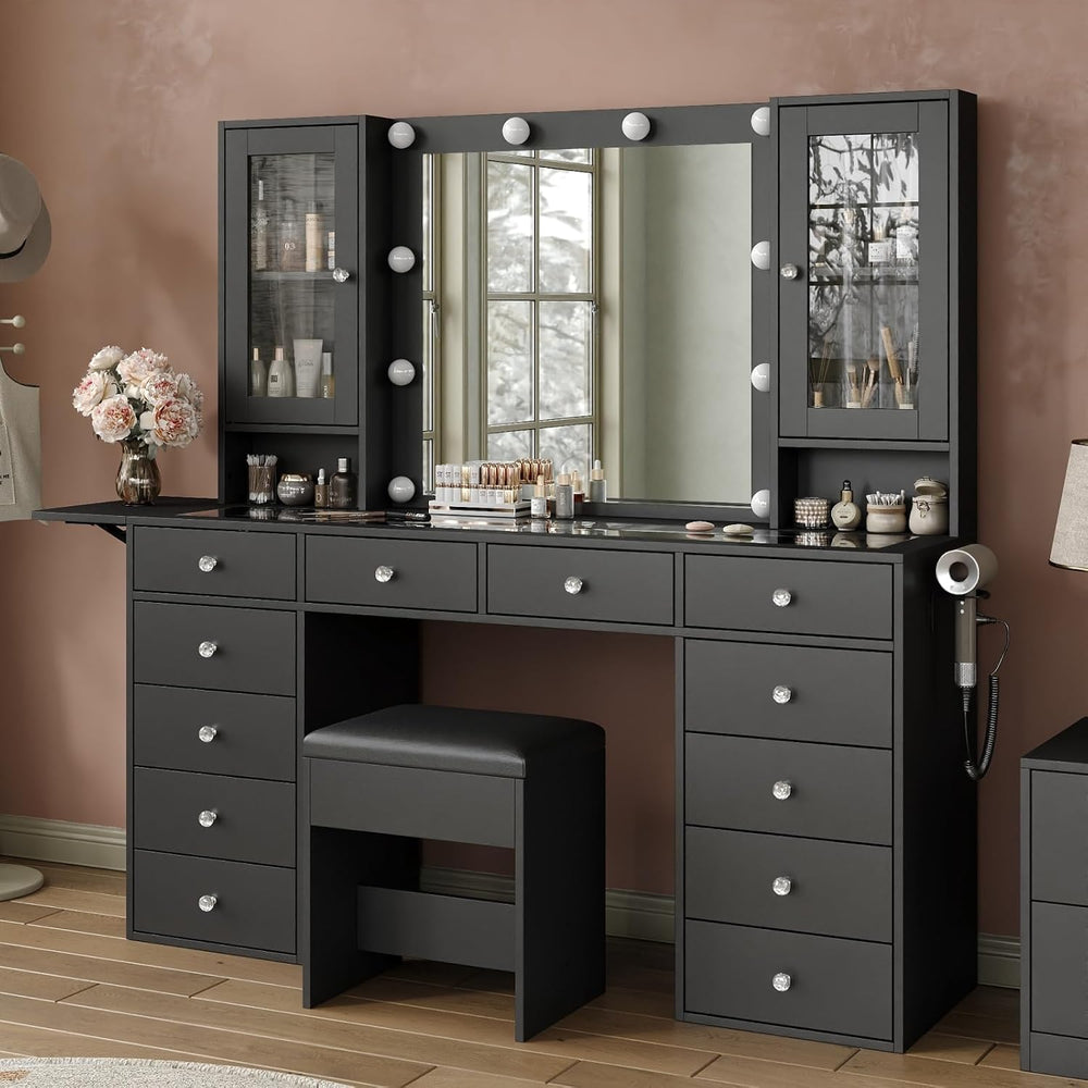 Yanosaku 55''W Makeup Vanity Desk with Mirror and Lights, 12 Drawers,...